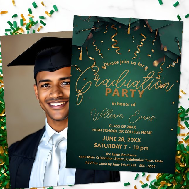 Elegante Green and Gold Graduation Party mit Foto Einladung (Von Creator hochgeladen)