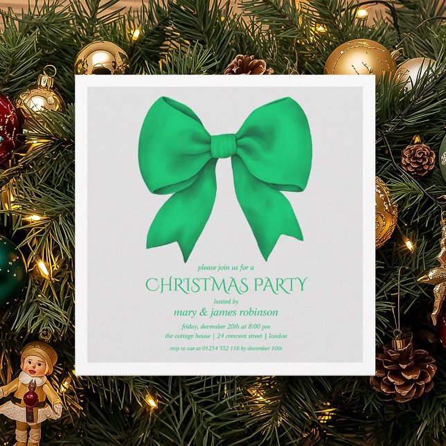 Elegante Green Bow Weihnachtsfeier Einladung (Elegant Green Bow Christmas Holiday Party Invitation)
