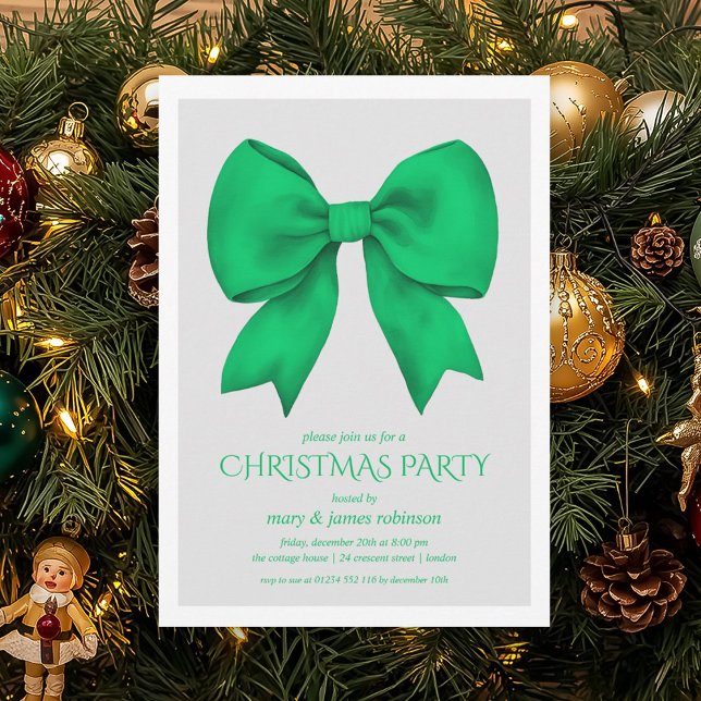 Elegante Green Bow Weihnachtsfeier Einladung (Elegant Green Bow Christmas Holiday Party Invitation)