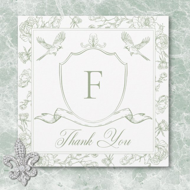 Elegante Green Chinoiserie Bird & Wappen Wedding Dankeskarte (Elegant Green Chinoiserie Bird & Crest Wedding Thank You Card)