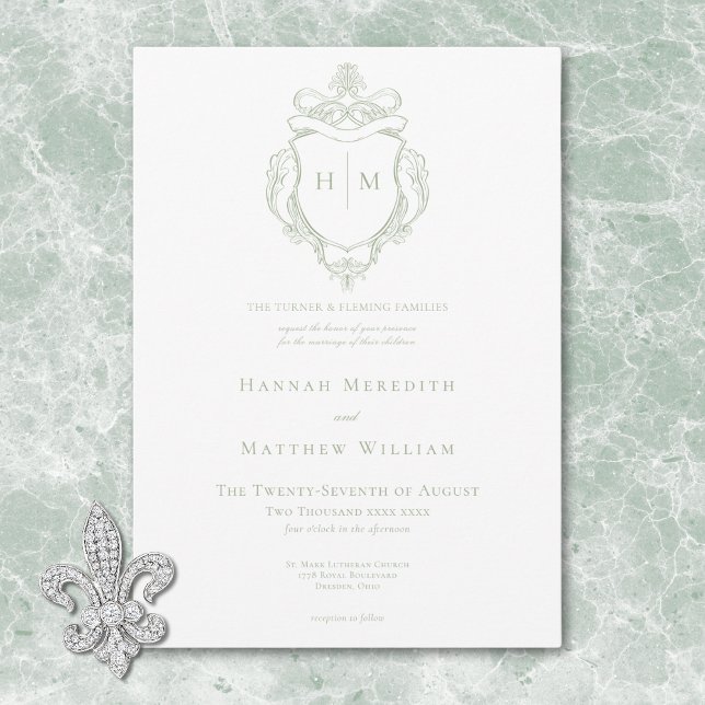 Elegante Green Chinoiserie Bird & Wappen Wedding Einladung (Elegant Green Chinoiserie Bird & Crest Wedding Invitation)