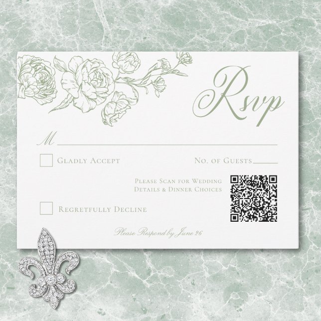 Elegante Green Chinoiserie Bird & Wappen Wedding Q RSVP Karte (Elegant Green Chinoiserie Bird & Crest Wedding QR RSVP Card)