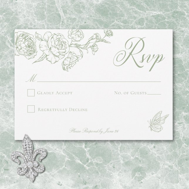 Elegante Green Chinoiserie Bird & Wappen Wedding RSVP Karte (Elegant Green Chinoiserie Bird & Crest Wedding RSVP Card)