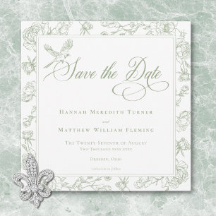 Elegante Green Chinoiserie Bird & Wappen Wedding Save The Date