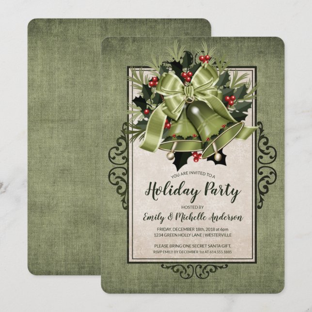 Elegante Green Christmas Bells Holiday Party Einladung (Vorne/Hinten)