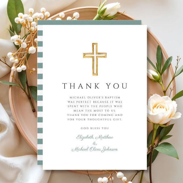 Elegante Green Cross Boy Taufe Dankeskarte (Elegant Green Cross Boy Baptism Thank You Card)