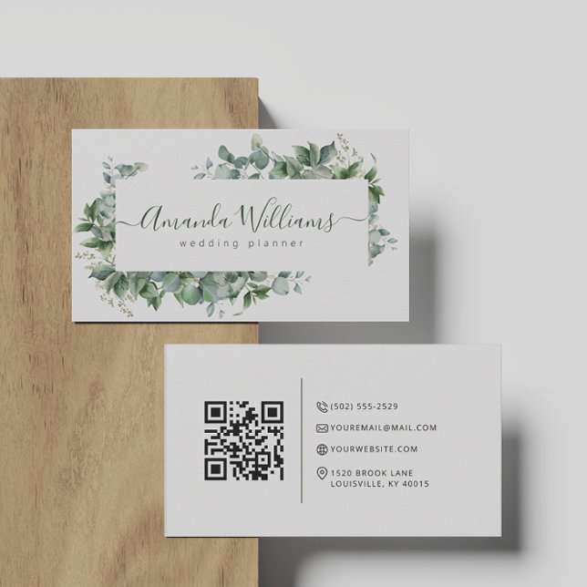 Elegante Green Floral QR Code Business Card Visitenkarte (Von Creator hochgeladen)