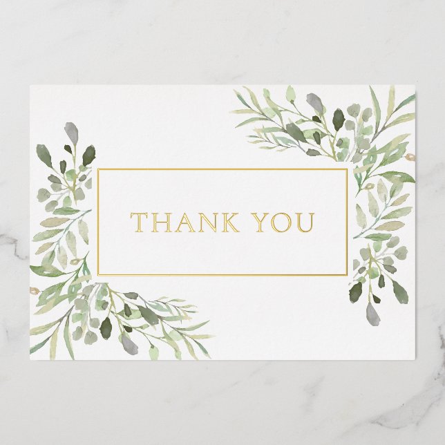Elegante Green Foliage Gold Foil Danke Karte (Vorderseite)