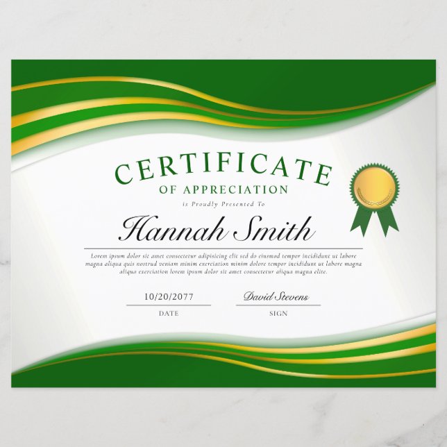 Elegante Green Gold Beruflich Certificate Award (Vorderseite)