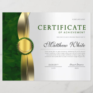 Elegante Green Gold Beruflich Certificate Award
