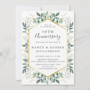 Elegante Green Gold Blätter 50 Jahre Hochzeitstag Einladung
