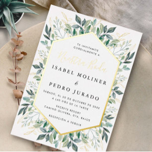 Elegante Green Gold Blätter Nuestra Boda Wedding Folieneinladung