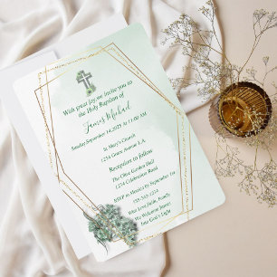 Elegante Green & Gold Cross Taufe Einladung