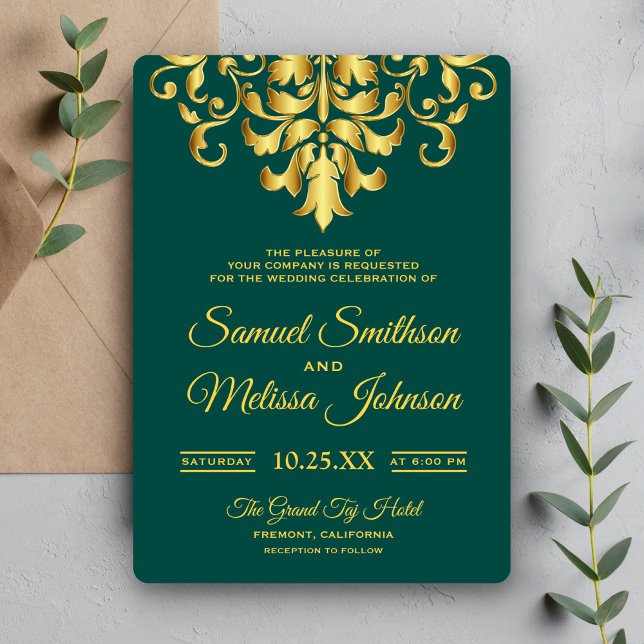 Elegante Green Gold Damask Einladung (Von Creator hochgeladen)