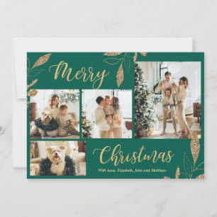 Elegante Green Gold Foto Collage Weihnachtskarte