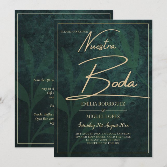 Elegante Green Gold Spanish BODA QR Code UAWG Einladung (Vorne/Hinten)