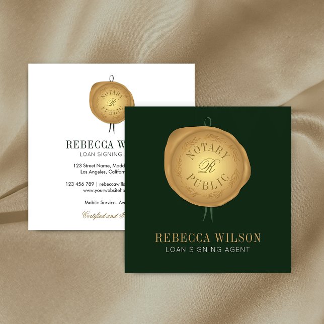 Elegante Green & Gold Wax Briefmarke Moderner Chic Quadratische Visitenkarte (Elegant notary business cards in emerald green and faux gold with faux wax stamp monogram)