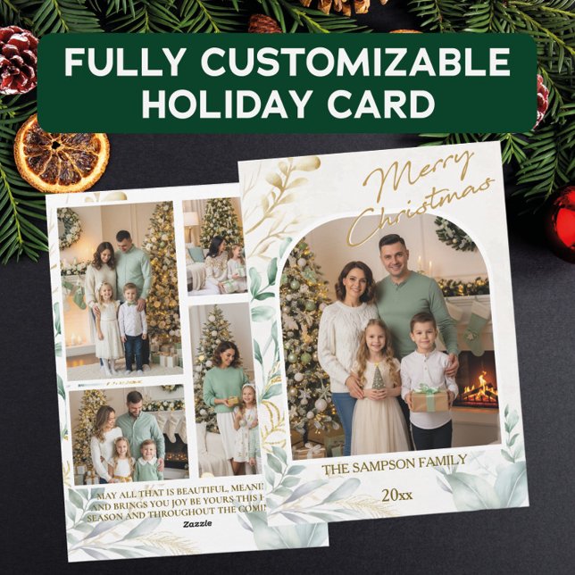 Elegante Green & Gold Weihnachts-FotoCollage Feiertagskarte (Von Creator hochgeladen)