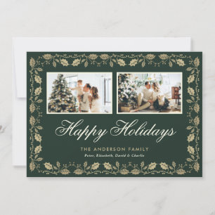 Elegante Green Gold Zwei Foto Happy Holidays Cards Feiertagskarte