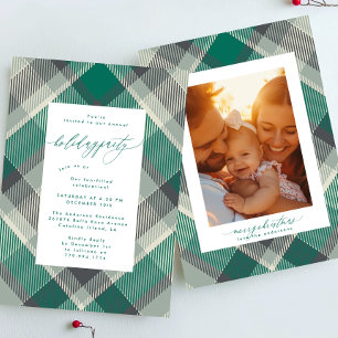 Elegante Green Plaid Foto Weihnachtsfeier Einladung