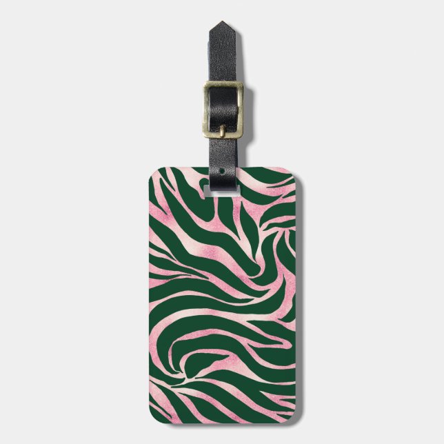 Elegante Green Rose Gold Glitzer Zebra Gepäckanhänger (Vorderseite vertikal)
