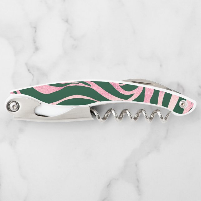 Elegante Green Rose Gold Glitzer Zebra Kellnermesser (Vorderseite)