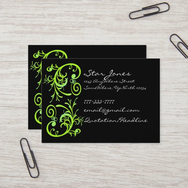 Elegante Green und Black Swirl Business Card Visitenkarte (Vorderseite/Rückseite Beispiel)