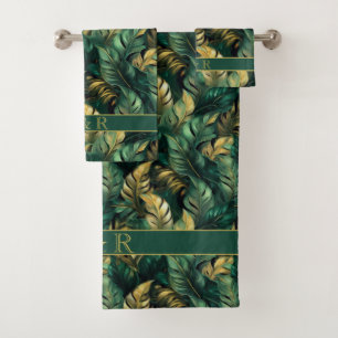 Elegante Green und Gold Monstera Blätter Badhandtuch Set