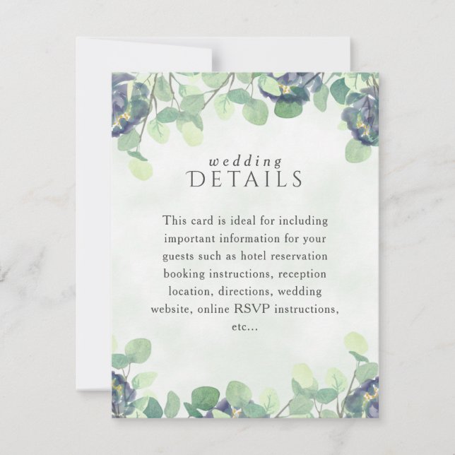 Elegante Greenery Blue Floral Wedding Details Card RSVP Karte (Vorderseite)