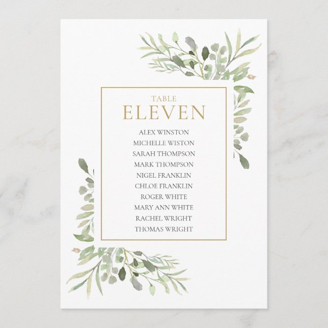 Elegante Greenery Tischnummer 11 Seating Chart (Vorderseite)