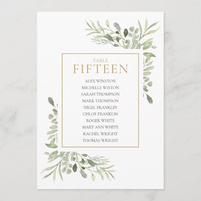 Elegante Greenery Tischnummer 15 Seating Chart (Vorderseite)