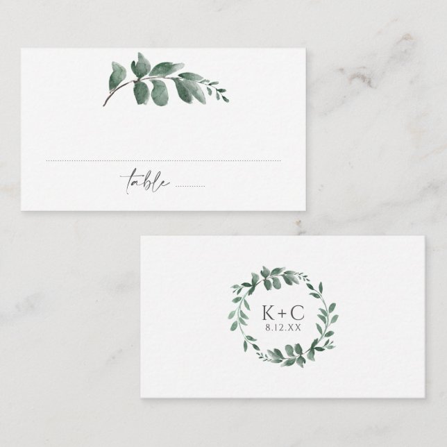 Elegante Greenery Watercolor Hochzeit Platzkarte (Vorne/Hinten)