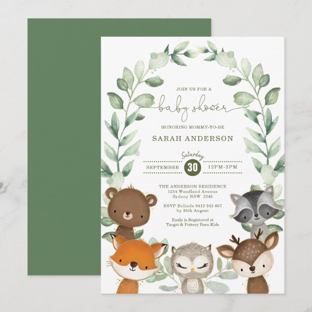 Elegante Greenery Woodland Animals Baby Shower Einladung (Vorne/Hinten)