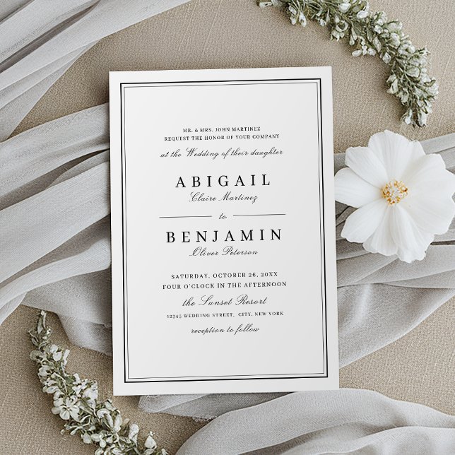 Elegante Grenzen Schwarz-Weiß-Minimalistische Hoch Einladung (Elegant borders black and white minimalist wedding invitation)