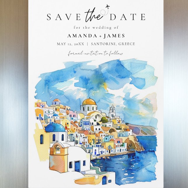 Elegante Griechenland-Hochzeit in Urlaubsort Save  Magneteinladung (Save the Date magnet featuring a watercolor illustration of Santorini, Greece, with vibrant blue.)