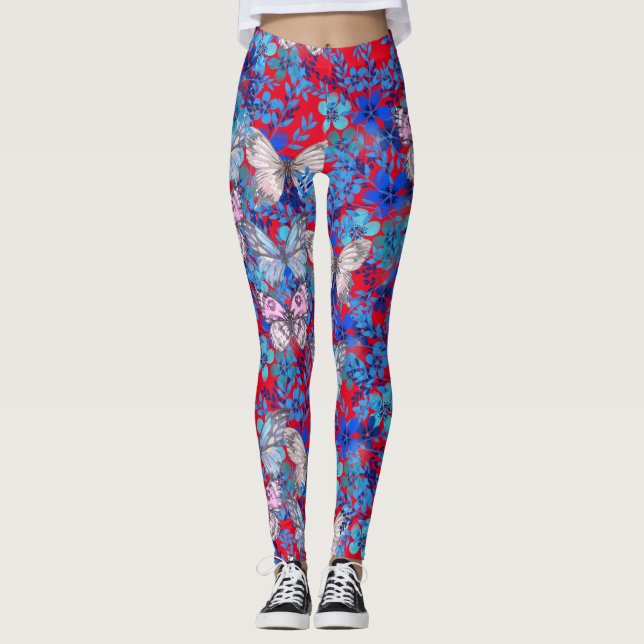 Elegante große bunte Schmetterlinge Blume auf Rot Leggings (Vorderseite)