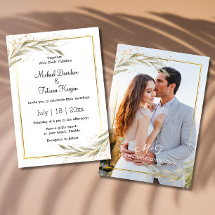 Elegante Grün-Gold-Foto-Hochzeit Einladung