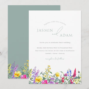 Elegante Grün- und farbenfrohe Wildblumen Hochzeit Einladung