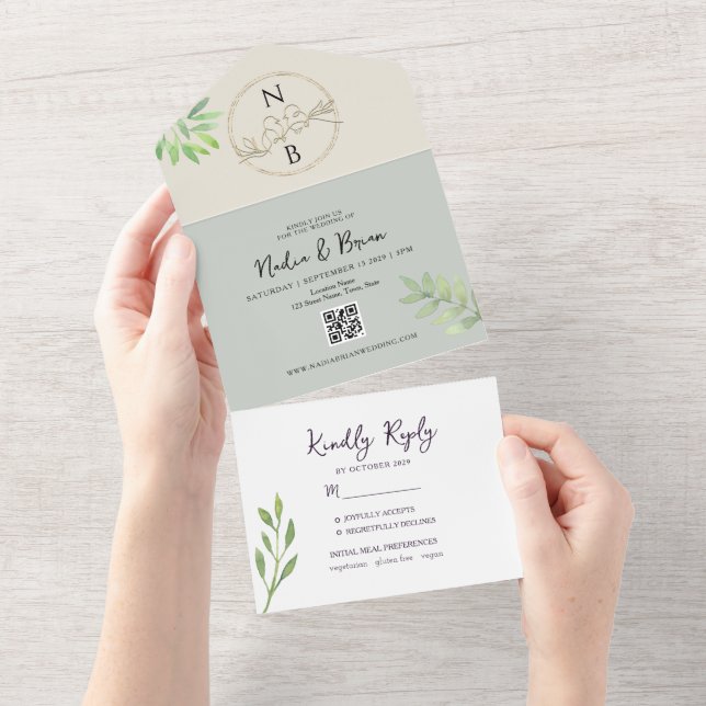 Elegante Grün- und Goldhochzeit All In One Einladung (Abreißen)