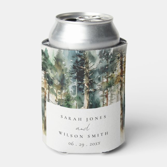 Elegante Grün-Wasserfarben-Waldhochzeit Dosenkühler (Kanne Vorderseite)