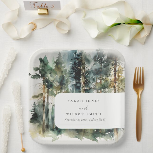 Elegante Grün-Wasserfarben-Waldhochzeit Pappteller (Hochzeit)