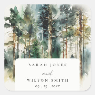 Elegante Grün-Wasserfarben-Waldhochzeit Quadratischer Aufkleber