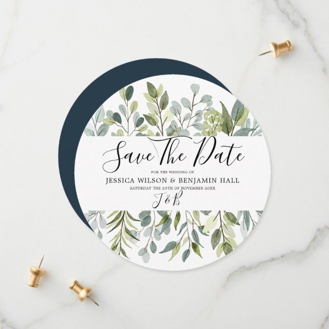Elegante Grünanlagen Blätter Wasserfarben Save The Date (Vorderseite/Rückseite Beispiel)