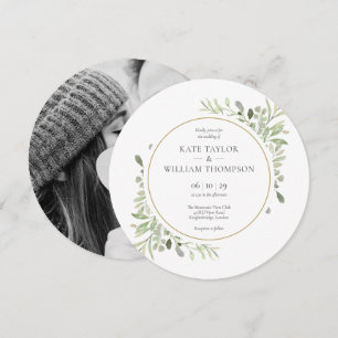 Elegante Grünblätter-Foto-Hochzeit Rund Einladung