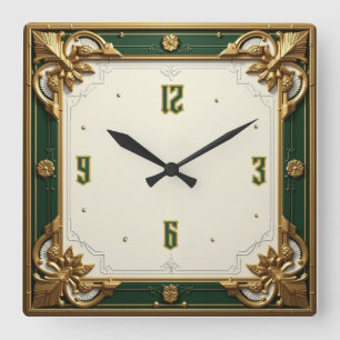 Elegante grüne Art Deco Quadratische Wanduhr