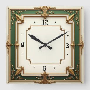 Elegante grüne Art Deco Quadratische Wanduhr