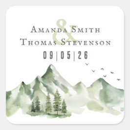 Elegante, grüne Berglandschaft Hochzeit Quadratischer Aufkleber