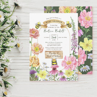 Elegante grüne Bienen- und Wildblume-Babydusche Einladung