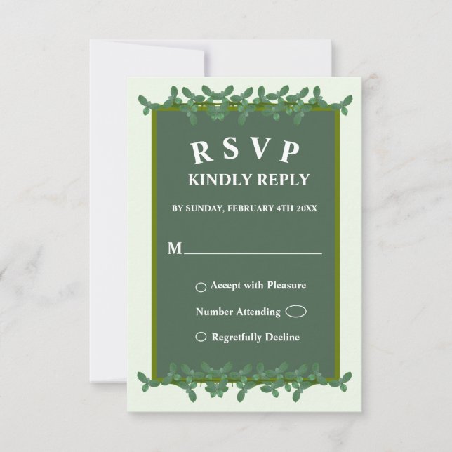 Elegante grüne Blätter Hochzeit-RSVP-Karte Einladung (Vorderseite)