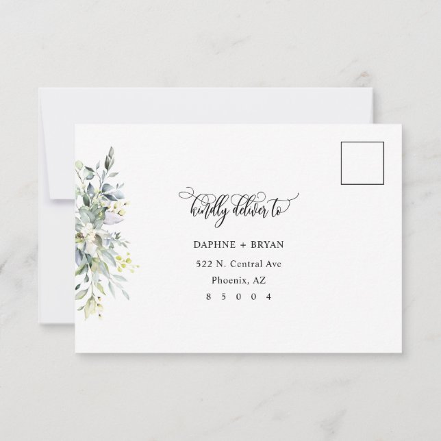 Elegante grüne Blätter Reaktion mit Adressbacker RSVP Karte (Rückseite)